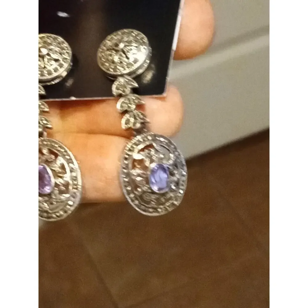 925 Silver - Vintage Victorian Amethyst & Marcasite Dangle Earrings